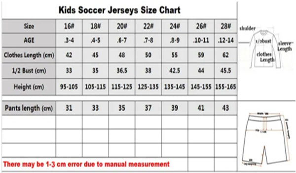 Kids soccer jersey size chart for sizes 16 to 28