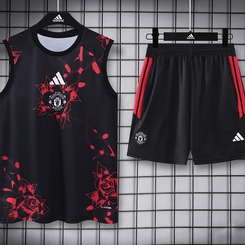 Manchester United rose-black tank and shorts set image 1