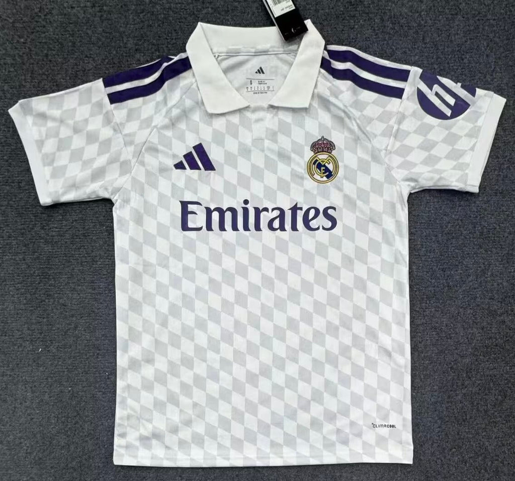 27/28 Real Madrid home fan jersey front view in white and purple