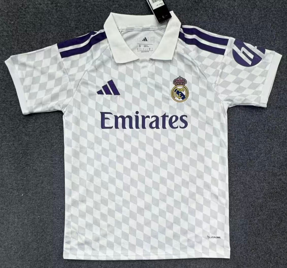 27/28 Real Madrid home fan jersey front view in white and purple